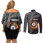 Personalised New Zealand Billiards Couples Matching Off Shoulder Short Dress and Long Sleeve Button Shirt Maori Fern On Fire 8 Ball - Aussie Hoodie