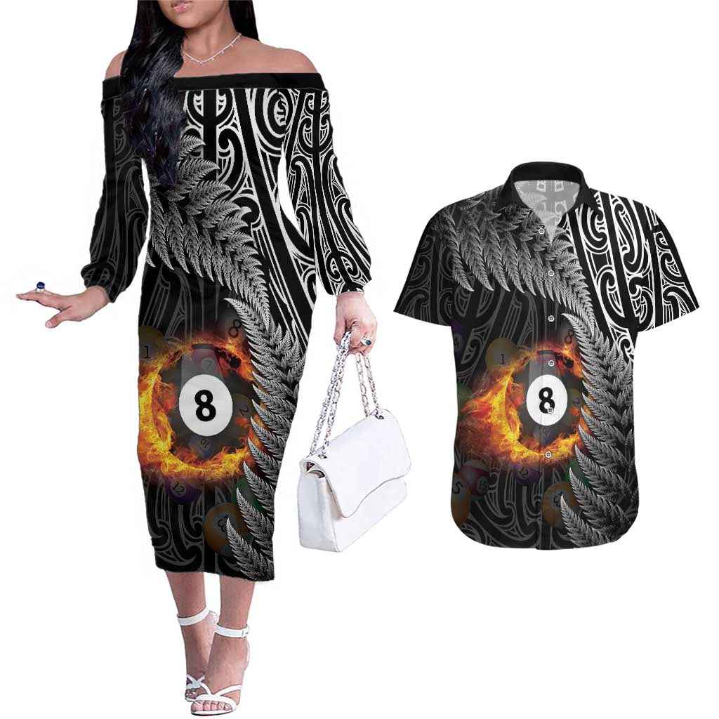Personalised New Zealand Billiards Couples Matching Off The Shoulder Long Sleeve Dress and Hawaiian Shirt Maori Fern On Fire 8 Ball - Aussie Hoodie