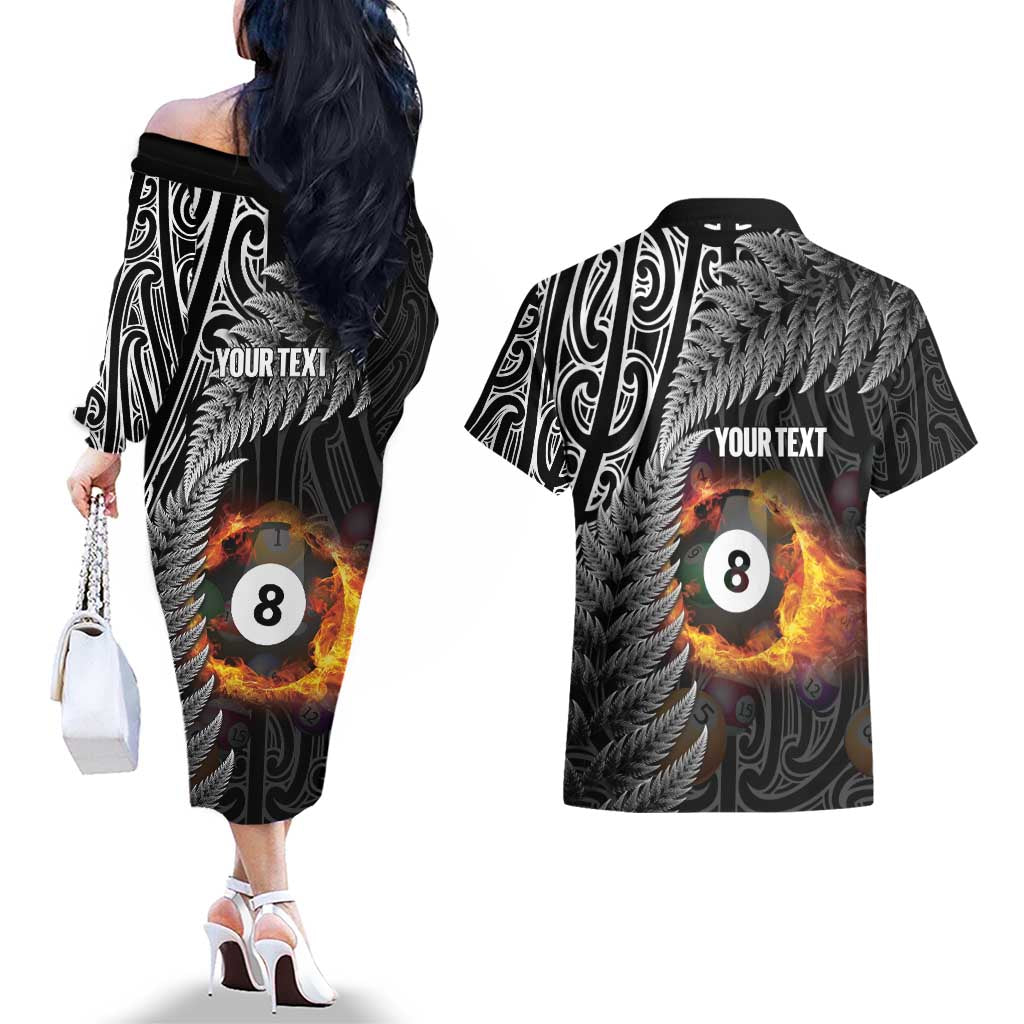 Personalised New Zealand Billiards Couples Matching Off The Shoulder Long Sleeve Dress and Hawaiian Shirt Maori Fern On Fire 8 Ball - Aussie Hoodie