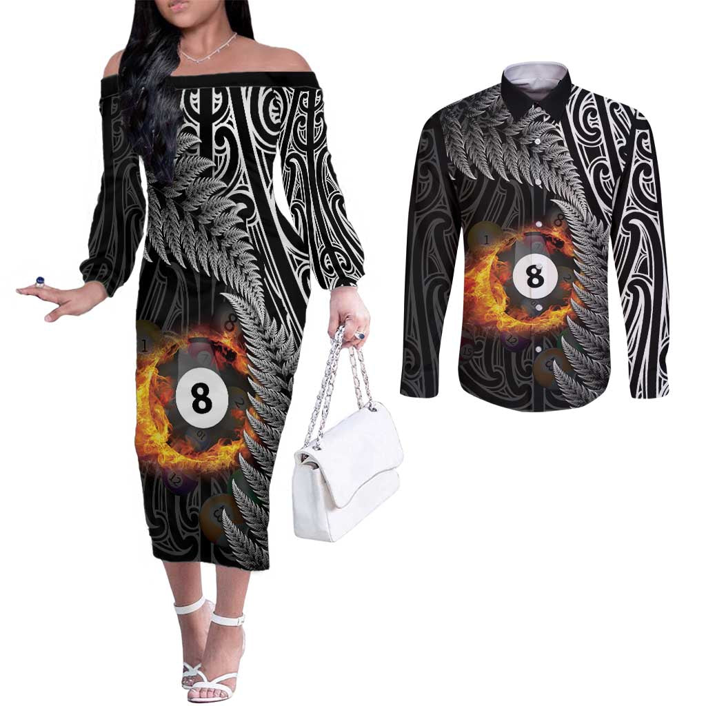 Personalised New Zealand Billiards Couples Matching Off The Shoulder Long Sleeve Dress and Long Sleeve Button Shirt Maori Fern On Fire 8 Ball - Aussie Hoodie