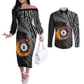Personalised New Zealand Billiards Couples Matching Off The Shoulder Long Sleeve Dress and Long Sleeve Button Shirt Maori Fern On Fire 8 Ball - Aussie Hoodie