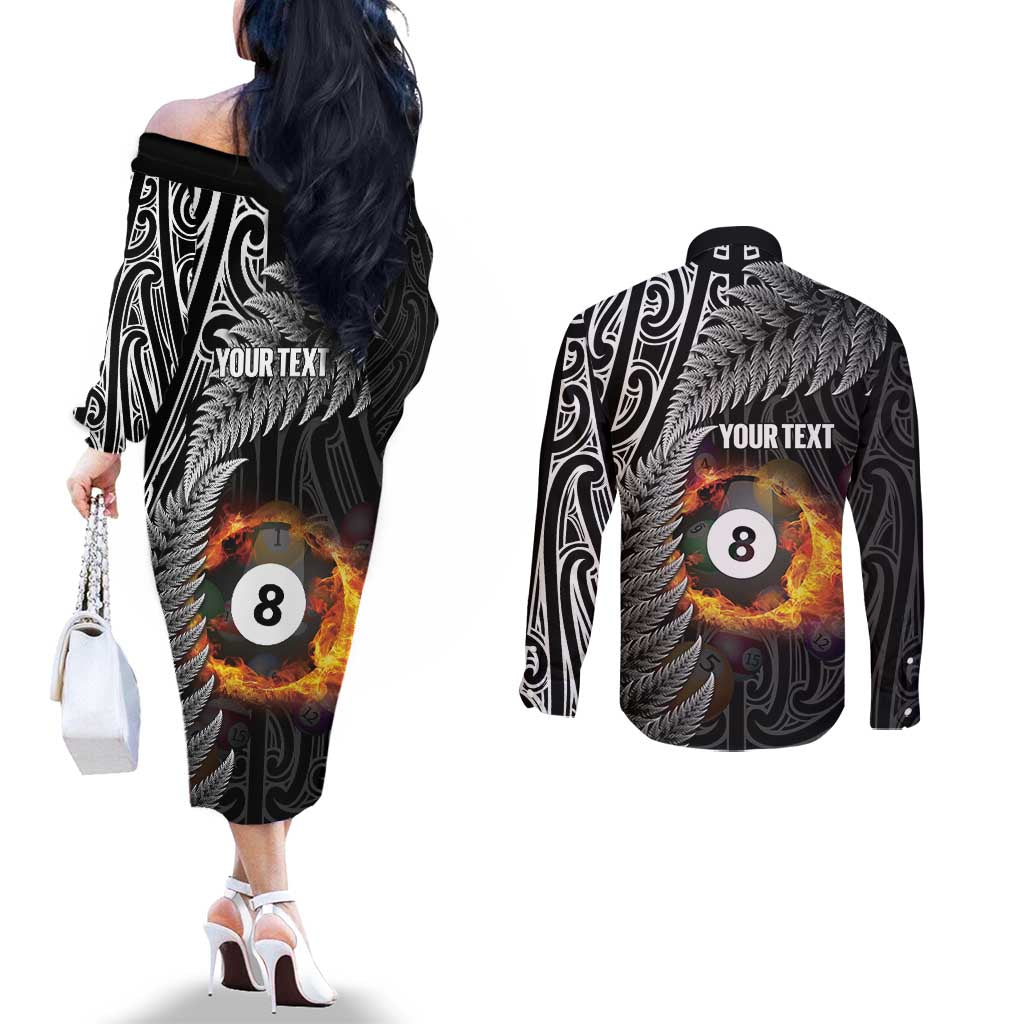 Personalised New Zealand Billiards Couples Matching Off The Shoulder Long Sleeve Dress and Long Sleeve Button Shirt Maori Fern On Fire 8 Ball - Aussie Hoodie