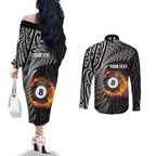 Personalised New Zealand Billiards Couples Matching Off The Shoulder Long Sleeve Dress and Long Sleeve Button Shirt Maori Fern On Fire 8 Ball - Aussie Hoodie