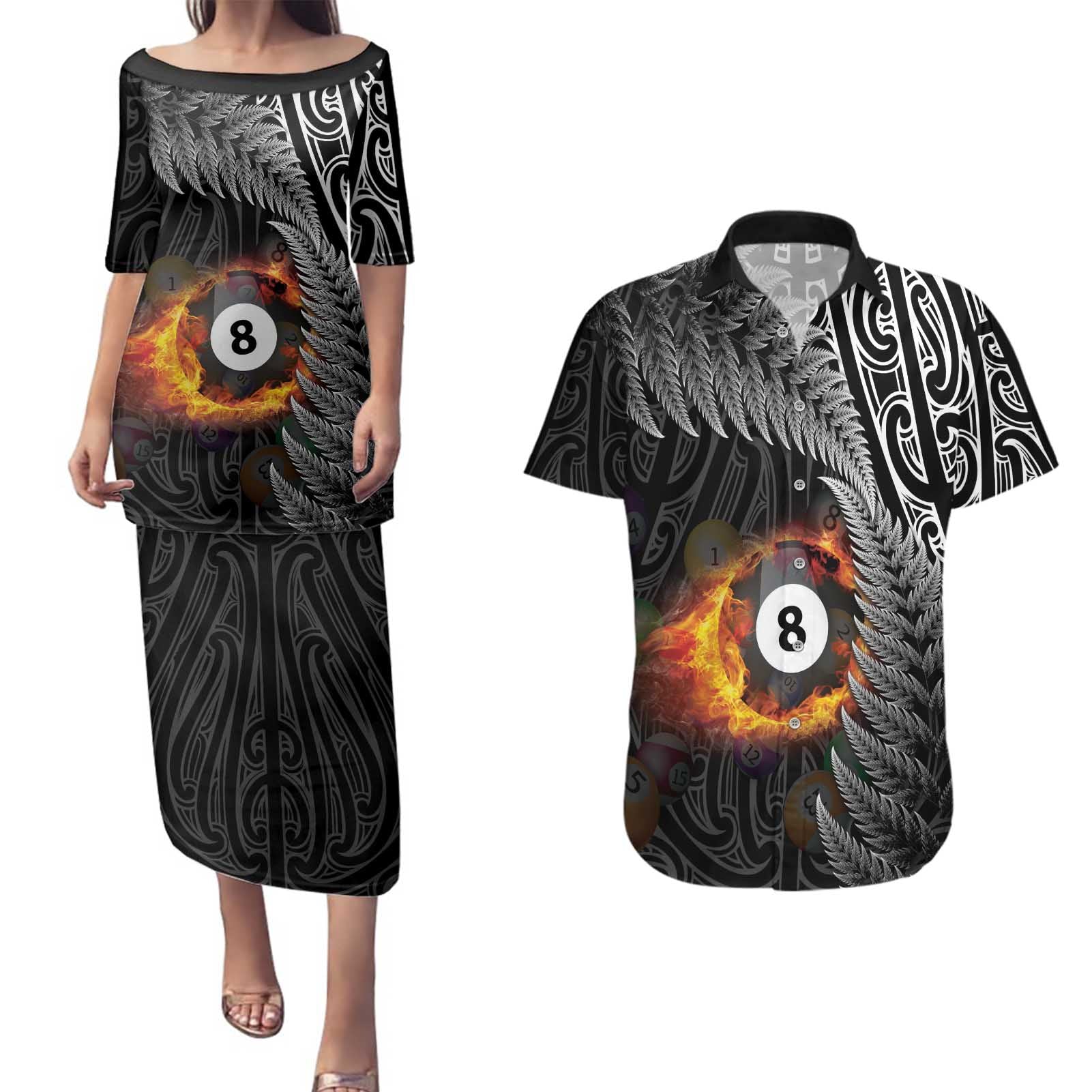 Personalised New Zealand Billiards Couples Matching Puletasi and Hawaiian Shirt Maori Fern On Fire 8 Ball - Aussie Hoodie