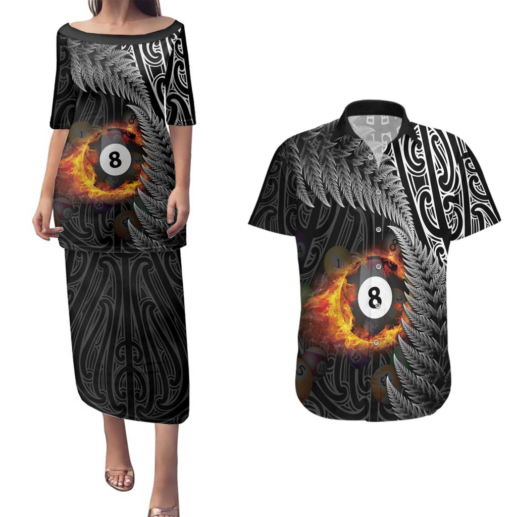 Personalised New Zealand Billiards Couples Matching Puletasi and Hawaiian Shirt Maori Fern On Fire 8 Ball - Aussie Hoodie