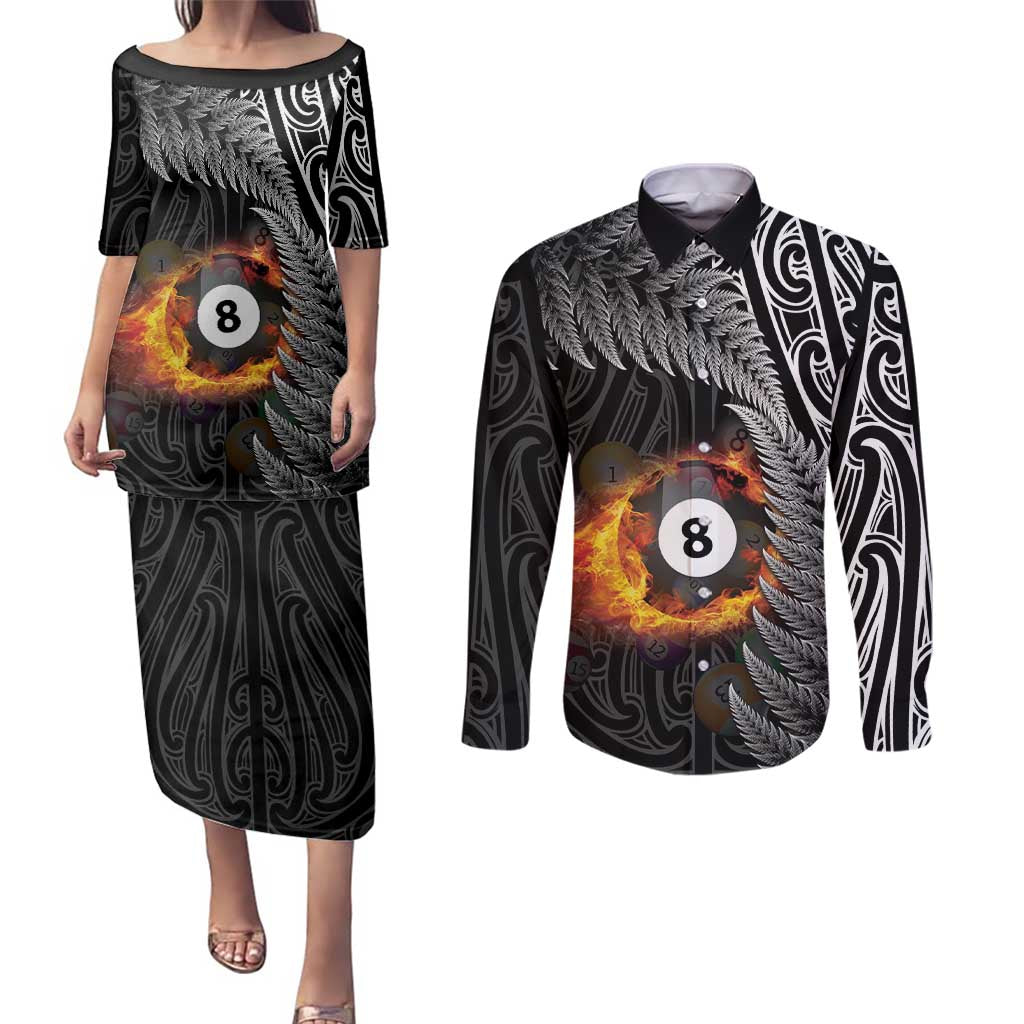 Personalised New Zealand Billiards Couples Matching Puletasi and Long Sleeve Button Shirt Maori Fern On Fire 8 Ball - Aussie Hoodie