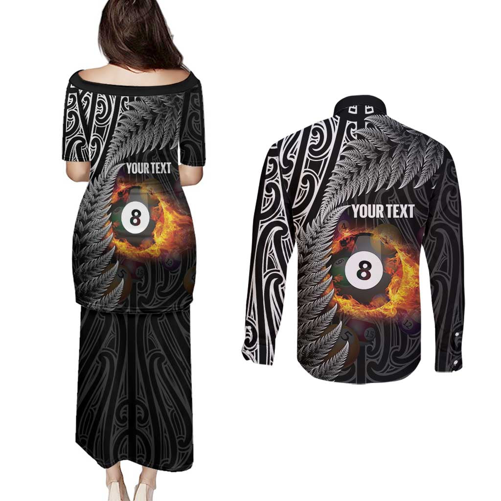 Personalised New Zealand Billiards Couples Matching Puletasi and Long Sleeve Button Shirt Maori Fern On Fire 8 Ball - Aussie Hoodie