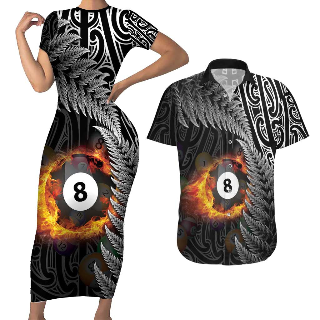 Personalised New Zealand Billiards Couples Matching Short Sleeve Bodycon Dress and Hawaiian Shirt Maori Fern On Fire 8 Ball - Aussie Hoodie