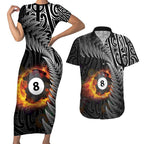 Personalised New Zealand Billiards Couples Matching Short Sleeve Bodycon Dress and Hawaiian Shirt Maori Fern On Fire 8 Ball - Aussie Hoodie