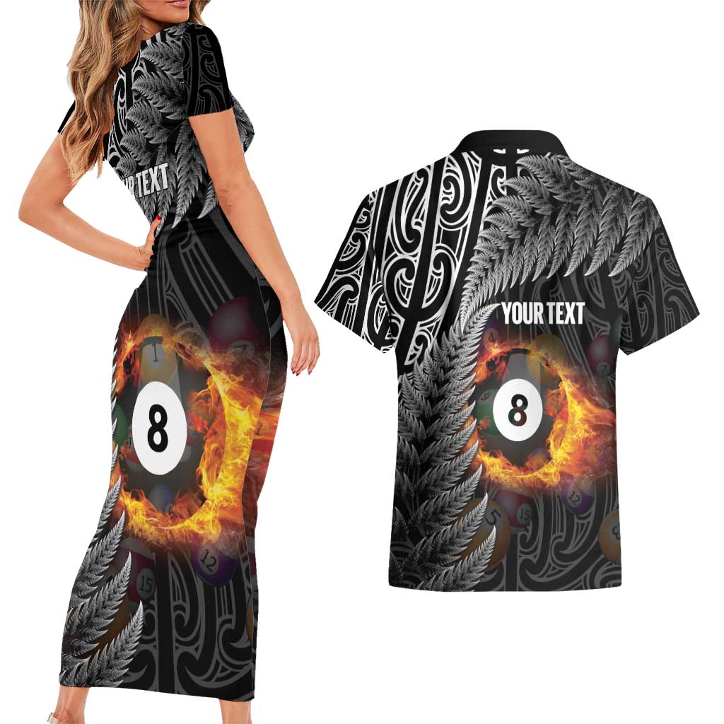 Personalised New Zealand Billiards Couples Matching Short Sleeve Bodycon Dress and Hawaiian Shirt Maori Fern On Fire 8 Ball - Aussie Hoodie