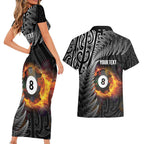 Personalised New Zealand Billiards Couples Matching Short Sleeve Bodycon Dress and Hawaiian Shirt Maori Fern On Fire 8 Ball - Aussie Hoodie