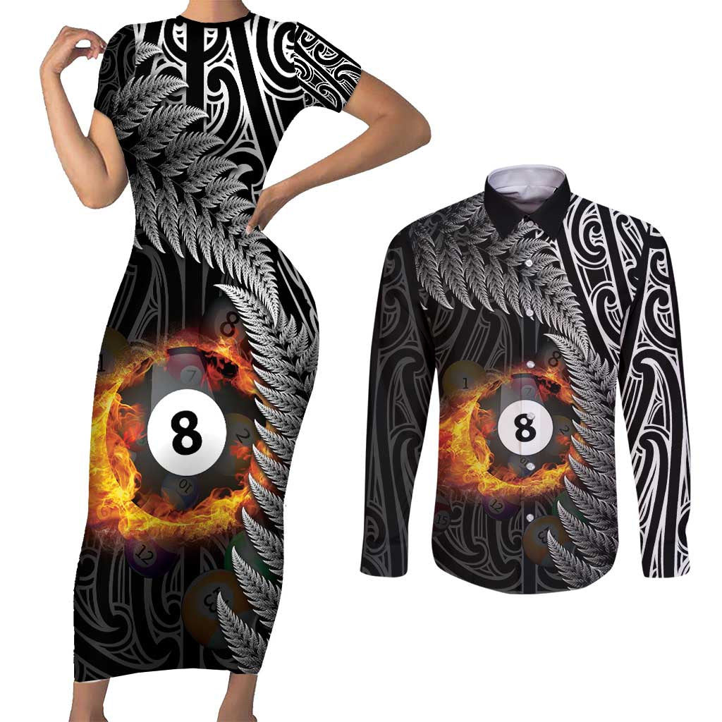 Personalised New Zealand Billiards Couples Matching Short Sleeve Bodycon Dress and Long Sleeve Button Shirt Maori Fern On Fire 8 Ball - Aussie Hoodie