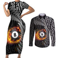 Personalised New Zealand Billiards Couples Matching Short Sleeve Bodycon Dress and Long Sleeve Button Shirt Maori Fern On Fire 8 Ball - Aussie Hoodie