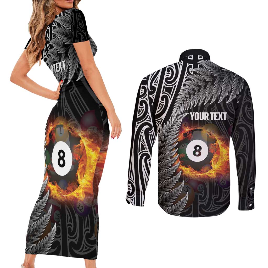 Personalised New Zealand Billiards Couples Matching Short Sleeve Bodycon Dress and Long Sleeve Button Shirt Maori Fern On Fire 8 Ball - Aussie Hoodie