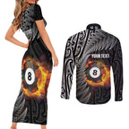 Personalised New Zealand Billiards Couples Matching Short Sleeve Bodycon Dress and Long Sleeve Button Shirt Maori Fern On Fire 8 Ball - Aussie Hoodie