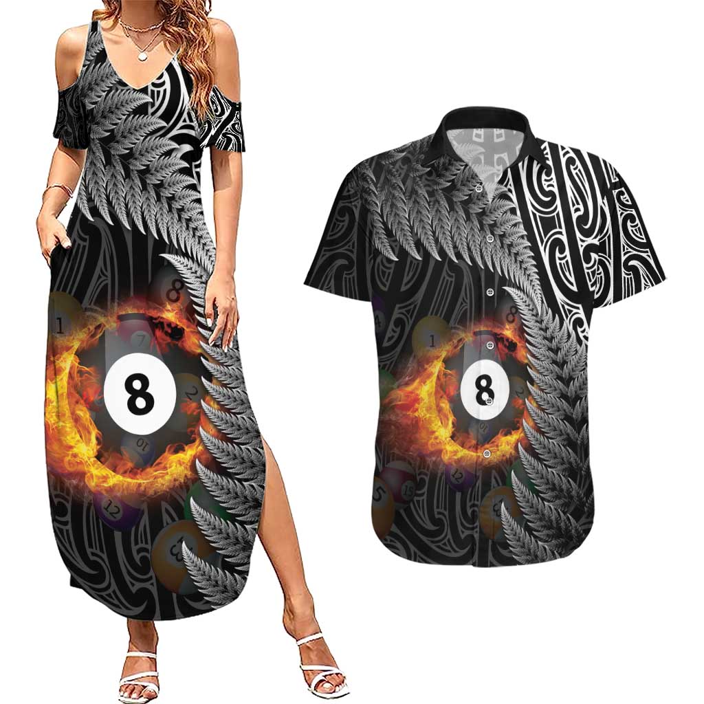 Personalised New Zealand Billiards Couples Matching Summer Maxi Dress and Hawaiian Shirt Maori Fern On Fire 8 Ball - Aussie Hoodie