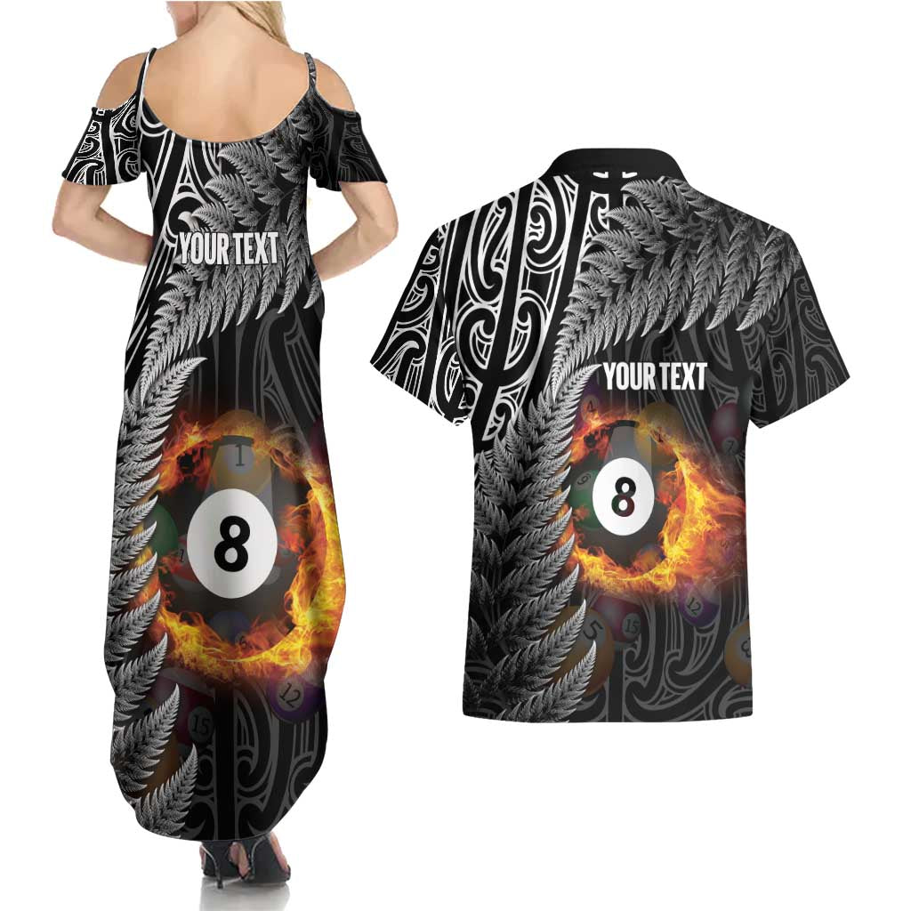 Personalised New Zealand Billiards Couples Matching Summer Maxi Dress and Hawaiian Shirt Maori Fern On Fire 8 Ball - Aussie Hoodie