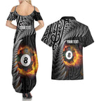 Personalised New Zealand Billiards Couples Matching Summer Maxi Dress and Hawaiian Shirt Maori Fern On Fire 8 Ball - Aussie Hoodie