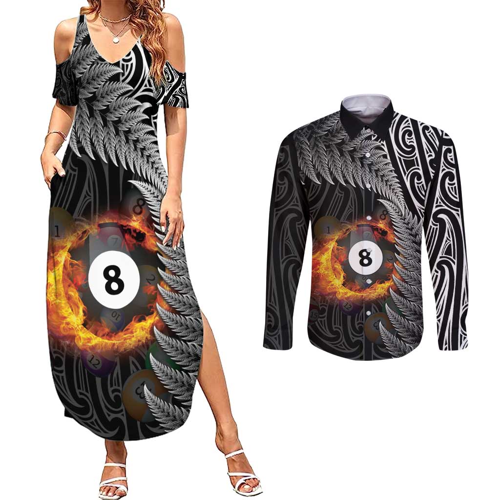 Personalised New Zealand Billiards Couples Matching Summer Maxi Dress and Long Sleeve Button Shirt Maori Fern On Fire 8 Ball - Aussie Hoodie