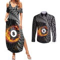 Personalised New Zealand Billiards Couples Matching Summer Maxi Dress and Long Sleeve Button Shirt Maori Fern On Fire 8 Ball - Aussie Hoodie