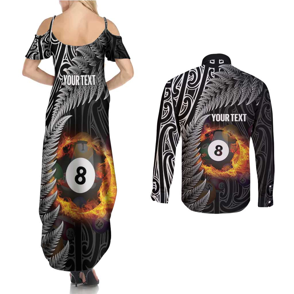 Personalised New Zealand Billiards Couples Matching Summer Maxi Dress and Long Sleeve Button Shirt Maori Fern On Fire 8 Ball - Aussie Hoodie
