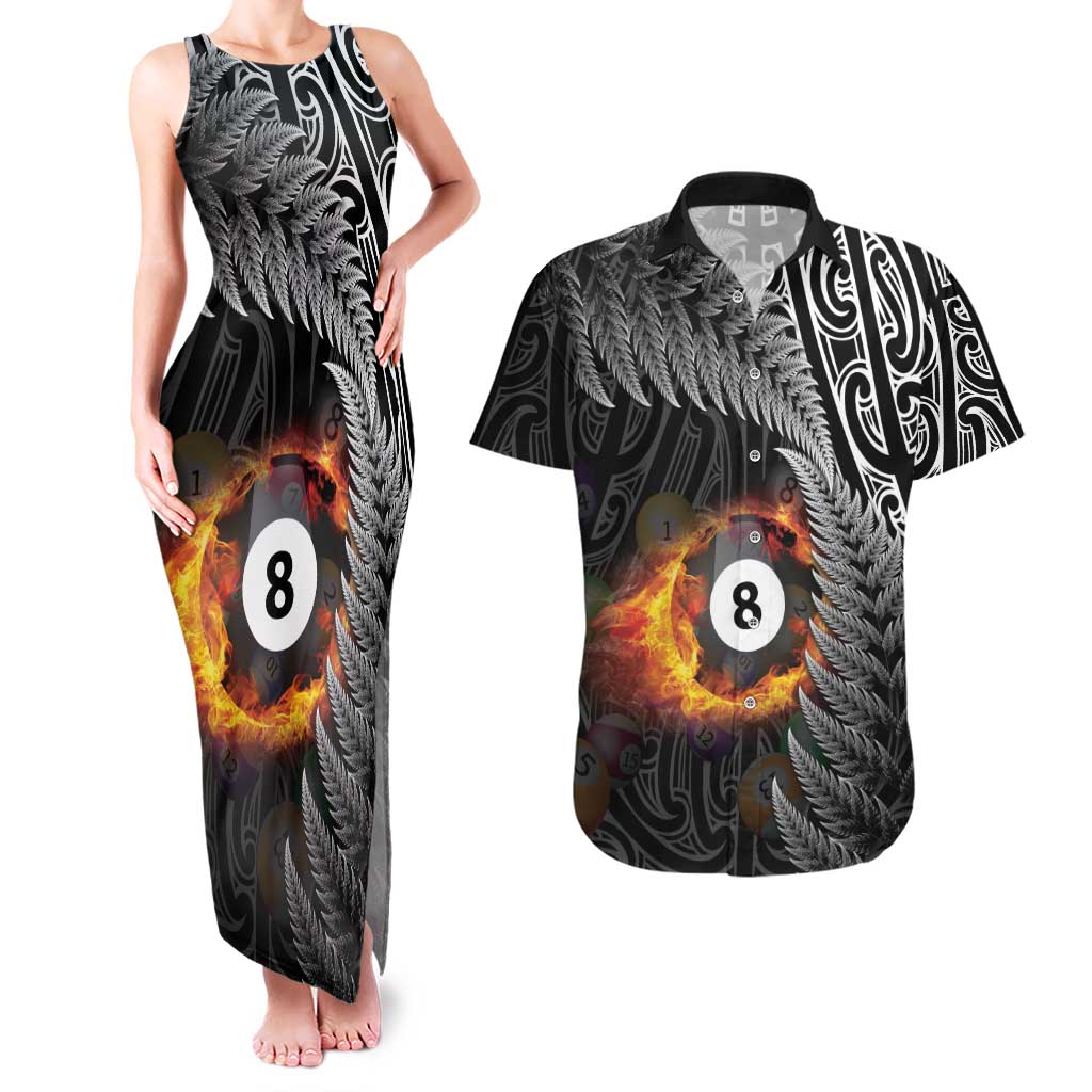 Personalised New Zealand Billiards Couples Matching Tank Maxi Dress and Hawaiian Shirt Maori Fern On Fire 8 Ball - Aussie Hoodie
