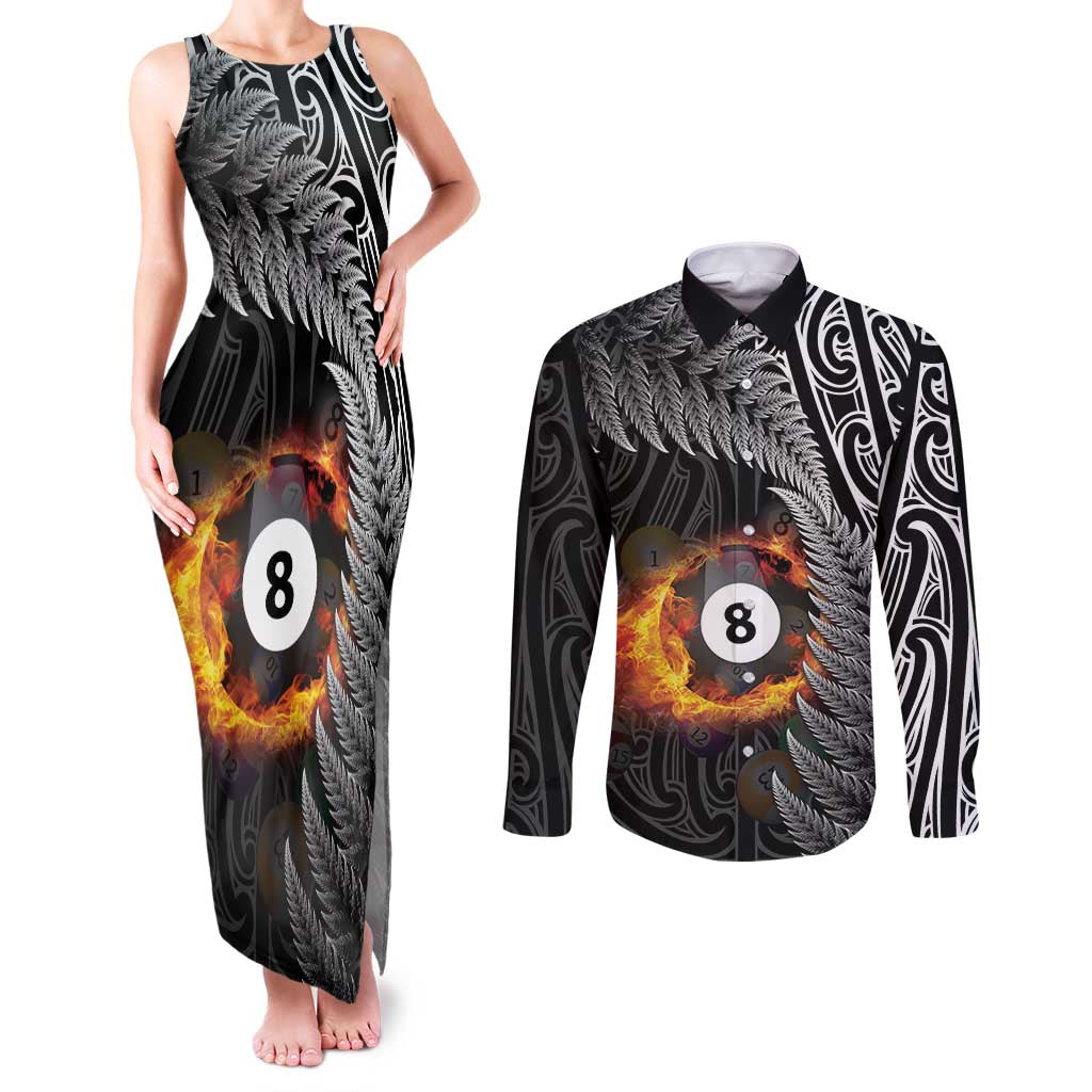 Personalised New Zealand Billiards Couples Matching Tank Maxi Dress and Long Sleeve Button Shirt Maori Fern On Fire 8 Ball - Aussie Hoodie