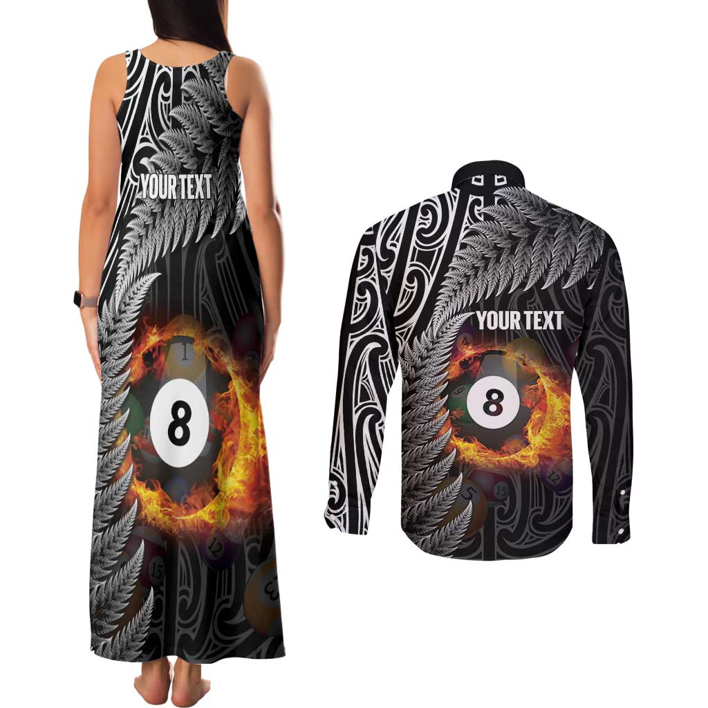 Personalised New Zealand Billiards Couples Matching Tank Maxi Dress and Long Sleeve Button Shirt Maori Fern On Fire 8 Ball - Aussie Hoodie