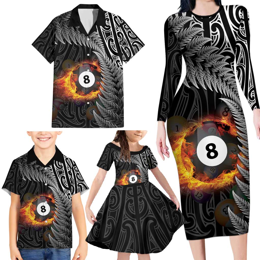 Personalised New Zealand Billiards Family Matching Long Sleeve Bodycon Dress and Hawaiian Shirt Maori Fern On Fire 8 Ball - Aussie Hoodie