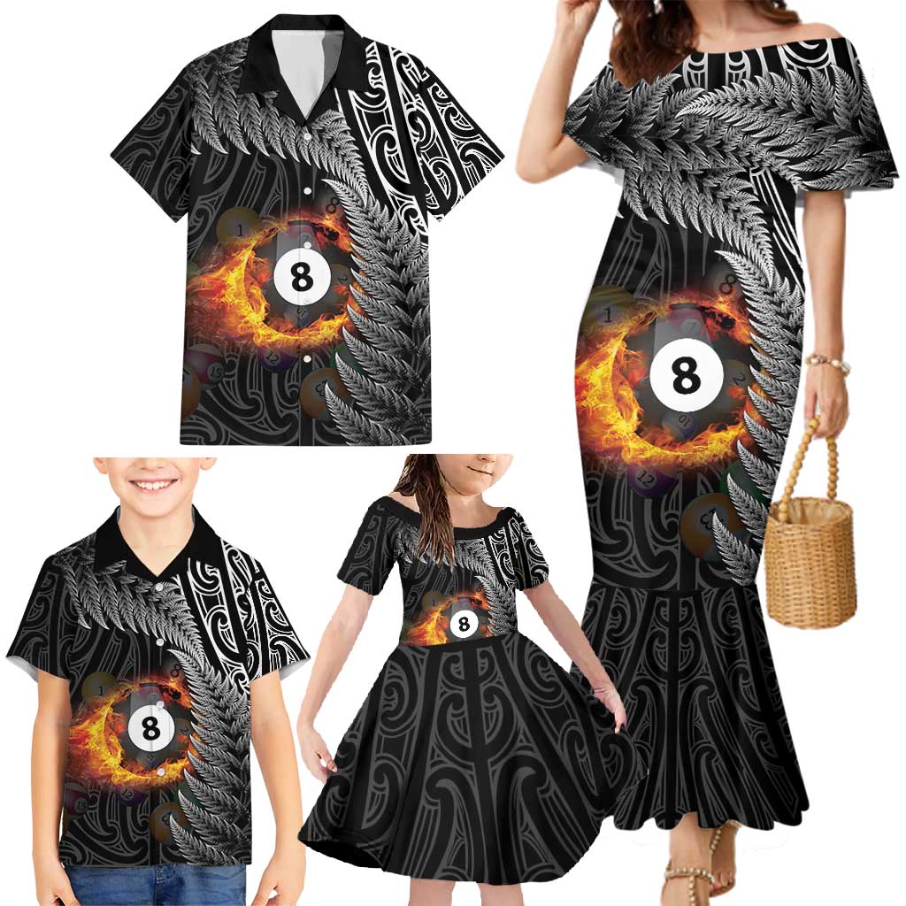 Personalised New Zealand Billiards Family Matching Mermaid Dress and Hawaiian Shirt Maori Fern On Fire 8 Ball - Aussie Hoodie
