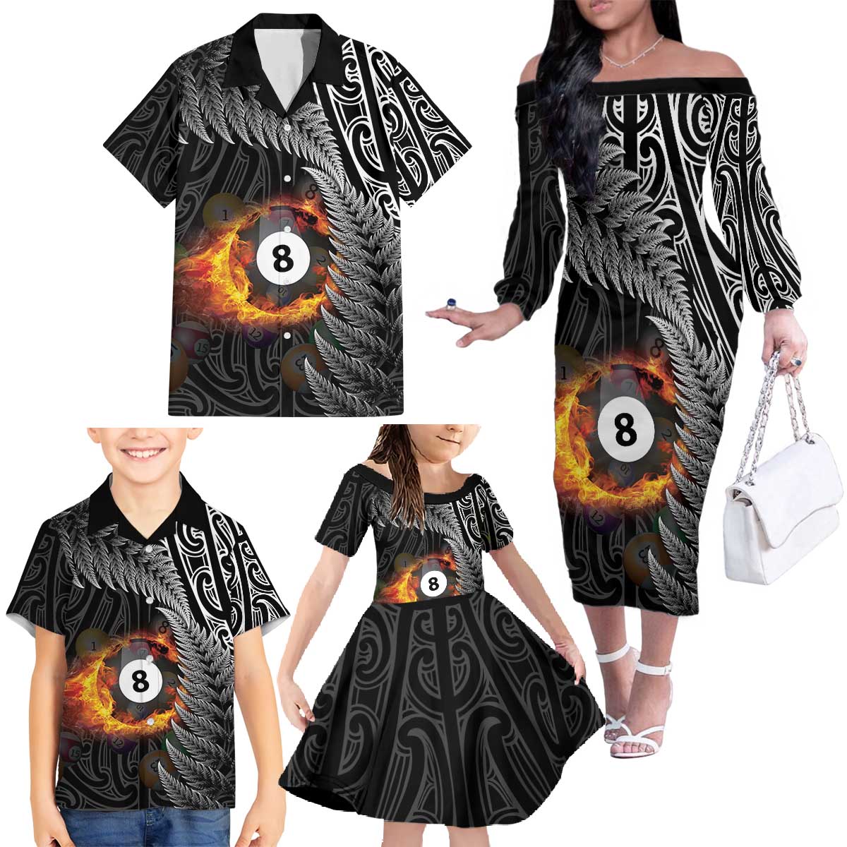 Personalised New Zealand Billiards Family Matching Off The Shoulder Long Sleeve Dress and Hawaiian Shirt Maori Fern On Fire 8 Ball - Aussie Hoodie