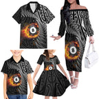 Personalised New Zealand Billiards Family Matching Off The Shoulder Long Sleeve Dress and Hawaiian Shirt Maori Fern On Fire 8 Ball - Aussie Hoodie