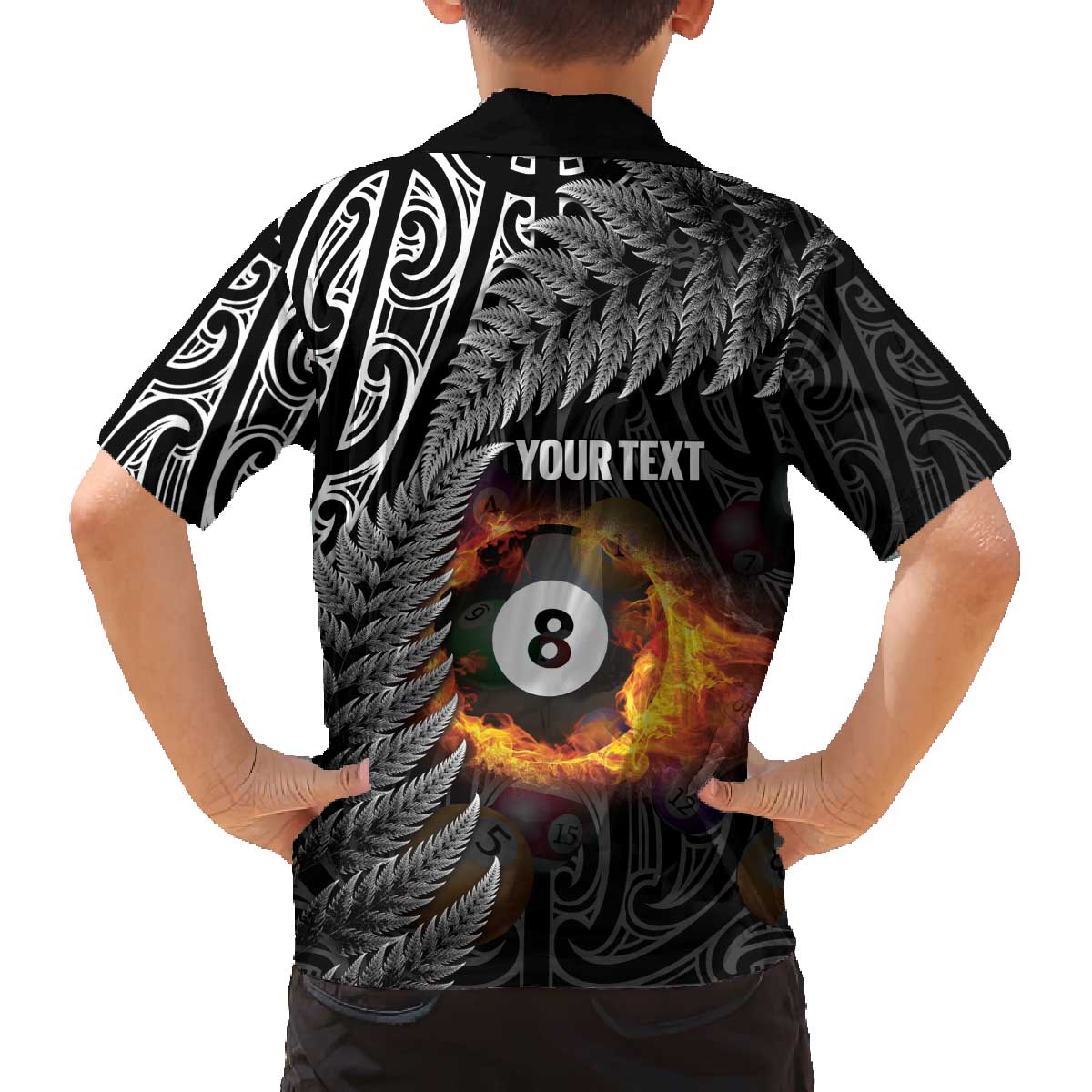 Personalised New Zealand Billiards Family Matching Off The Shoulder Long Sleeve Dress and Hawaiian Shirt Maori Fern On Fire 8 Ball - Aussie Hoodie