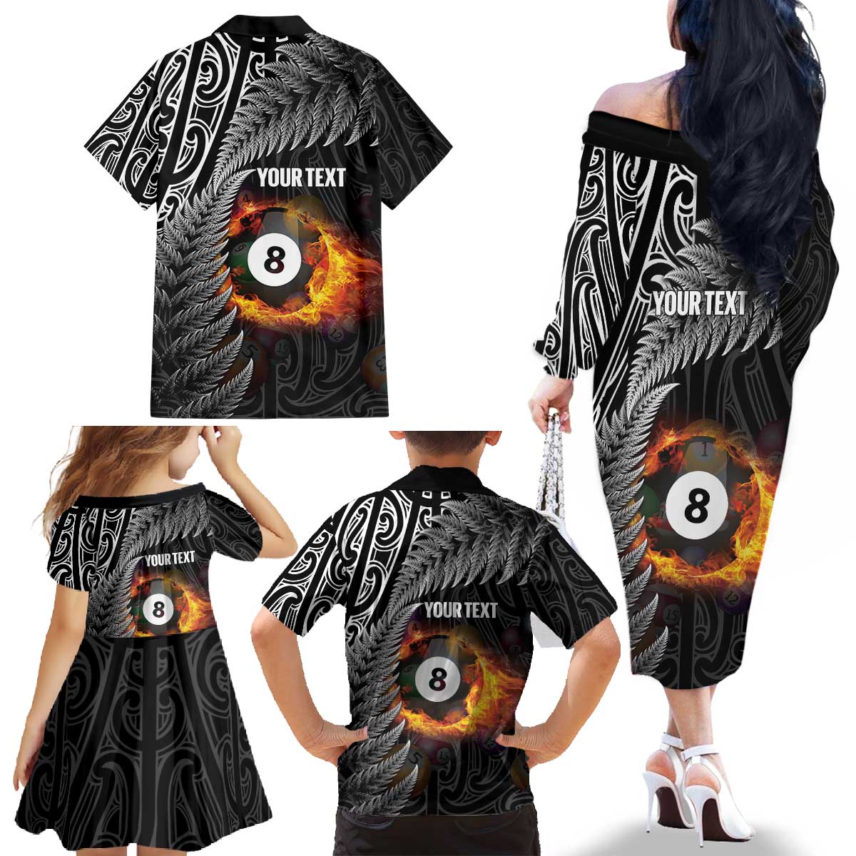 Personalised New Zealand Billiards Family Matching Off The Shoulder Long Sleeve Dress and Hawaiian Shirt Maori Fern On Fire 8 Ball - Aussie Hoodie