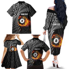 Personalised New Zealand Billiards Family Matching Off The Shoulder Long Sleeve Dress and Hawaiian Shirt Maori Fern On Fire 8 Ball - Aussie Hoodie