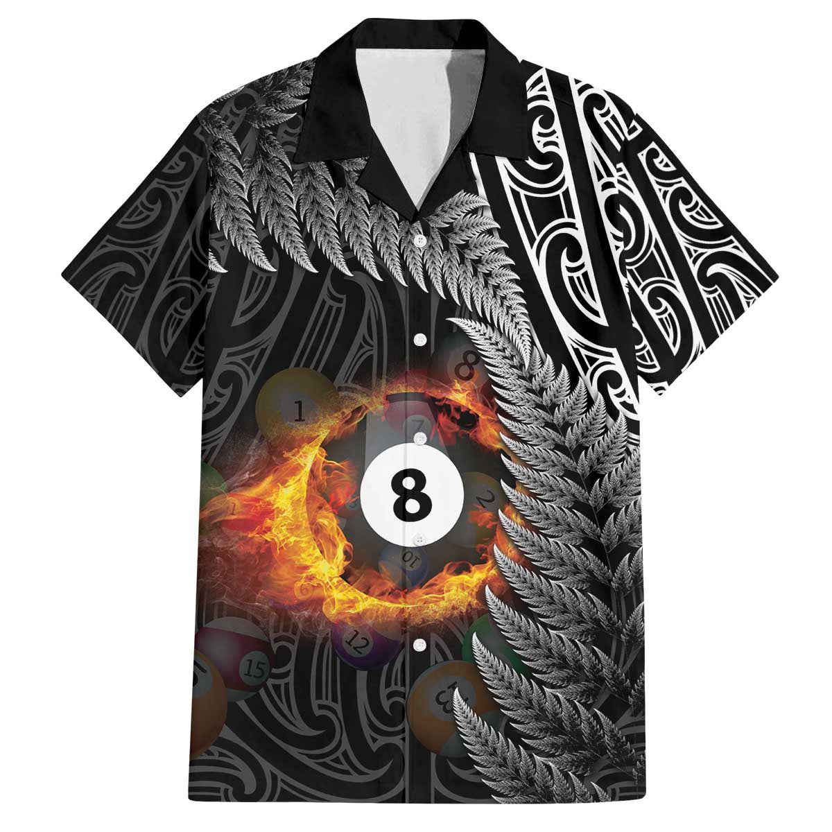 Personalised New Zealand Billiards Family Matching Off The Shoulder Long Sleeve Dress and Hawaiian Shirt Maori Fern On Fire 8 Ball - Aussie Hoodie