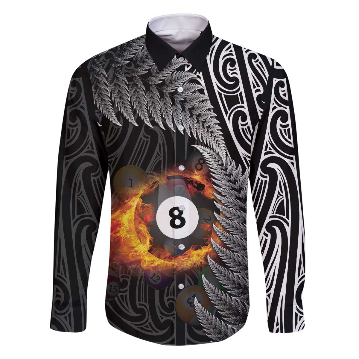 Personalised New Zealand Billiards Family Matching Off The Shoulder Long Sleeve Dress and Hawaiian Shirt Maori Fern On Fire 8 Ball - Aussie Hoodie