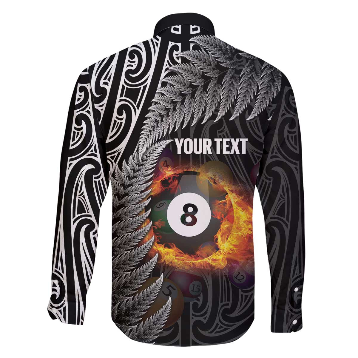 Personalised New Zealand Billiards Family Matching Off The Shoulder Long Sleeve Dress and Hawaiian Shirt Maori Fern On Fire 8 Ball - Aussie Hoodie