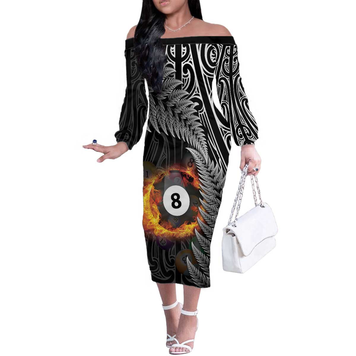 Personalised New Zealand Billiards Family Matching Off The Shoulder Long Sleeve Dress and Hawaiian Shirt Maori Fern On Fire 8 Ball - Aussie Hoodie