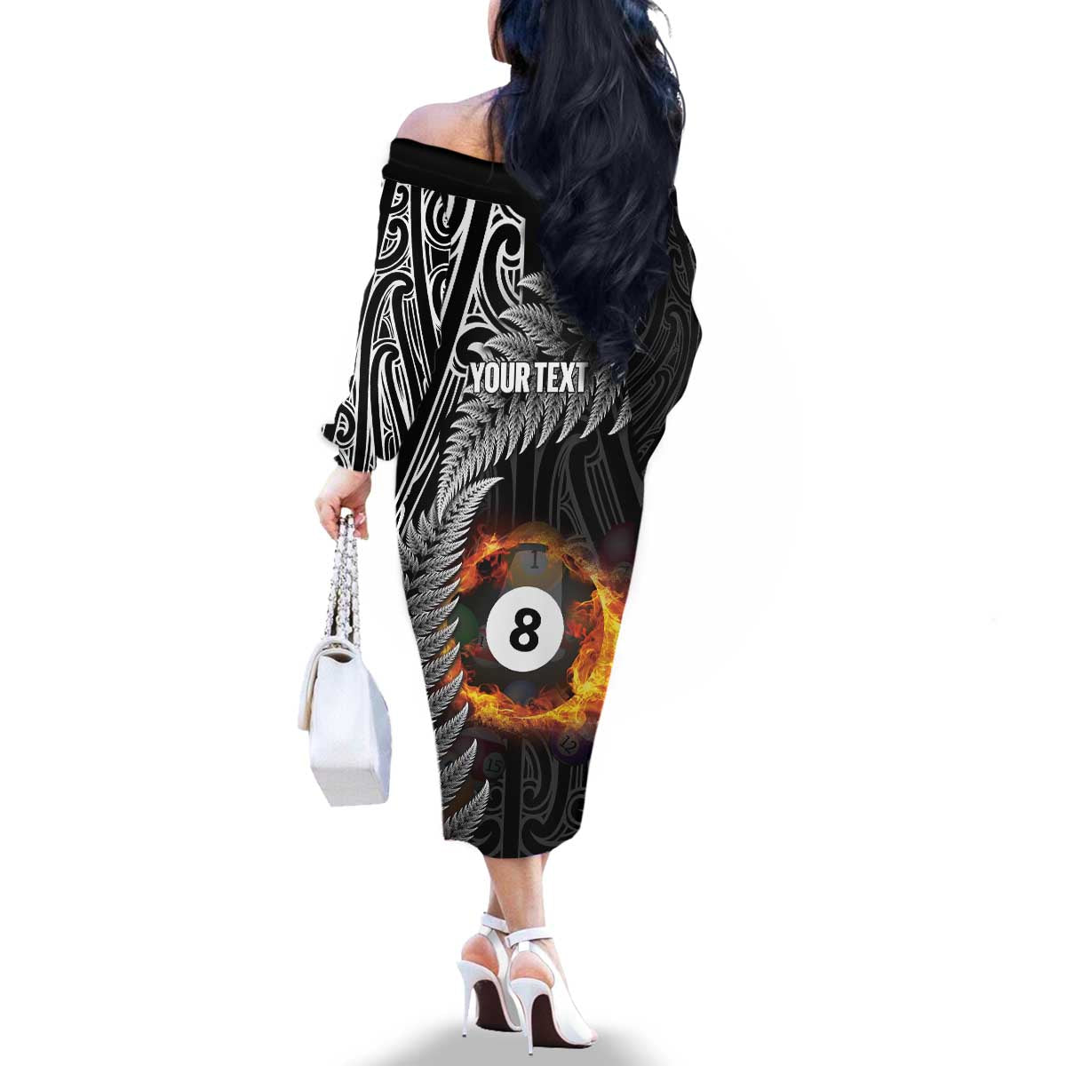 Personalised New Zealand Billiards Family Matching Off The Shoulder Long Sleeve Dress and Hawaiian Shirt Maori Fern On Fire 8 Ball - Aussie Hoodie