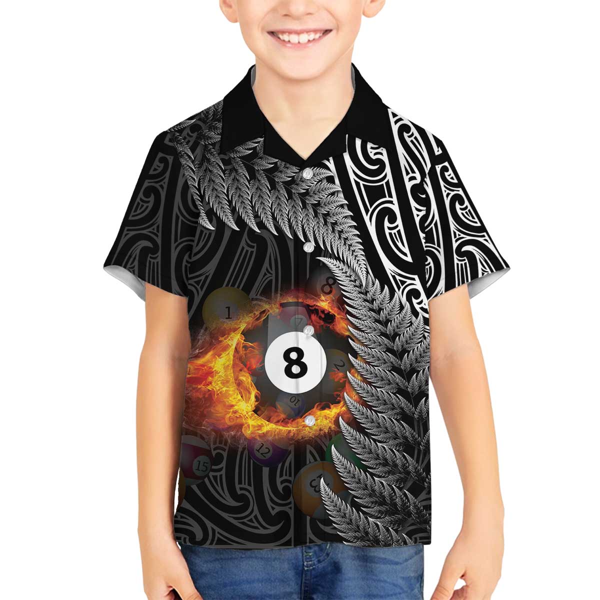 Personalised New Zealand Billiards Family Matching Off The Shoulder Long Sleeve Dress and Hawaiian Shirt Maori Fern On Fire 8 Ball - Aussie Hoodie