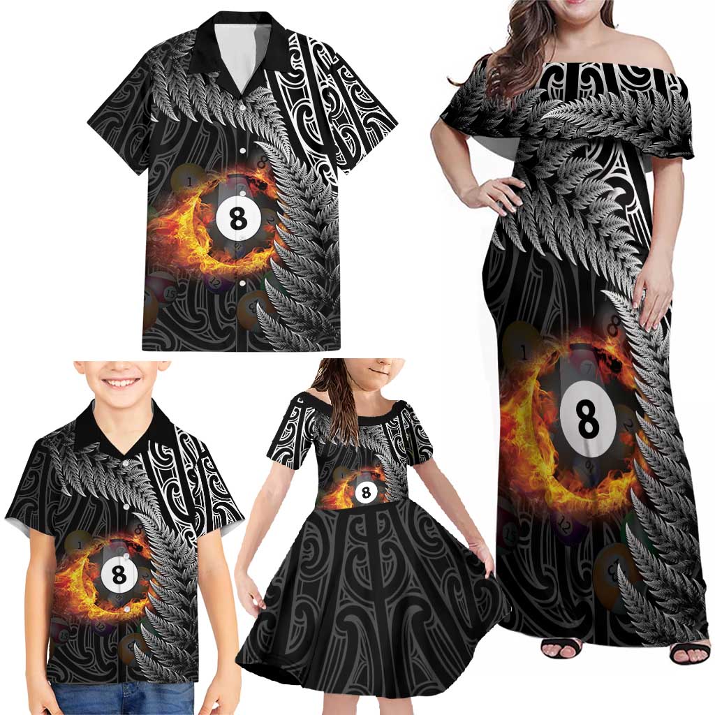 Personalised New Zealand Billiards Family Matching Off Shoulder Maxi Dress and Hawaiian Shirt Maori Fern On Fire 8 Ball - Aussie Hoodie