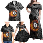 Personalised New Zealand Billiards Family Matching Off Shoulder Maxi Dress and Hawaiian Shirt Maori Fern On Fire 8 Ball - Aussie Hoodie