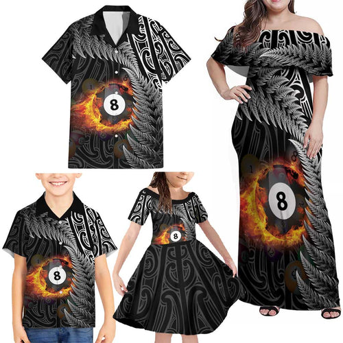 Personalised New Zealand Billiards Family Matching Off Shoulder Maxi Dress and Hawaiian Shirt Maori Fern On Fire 8 Ball - Aussie Hoodie