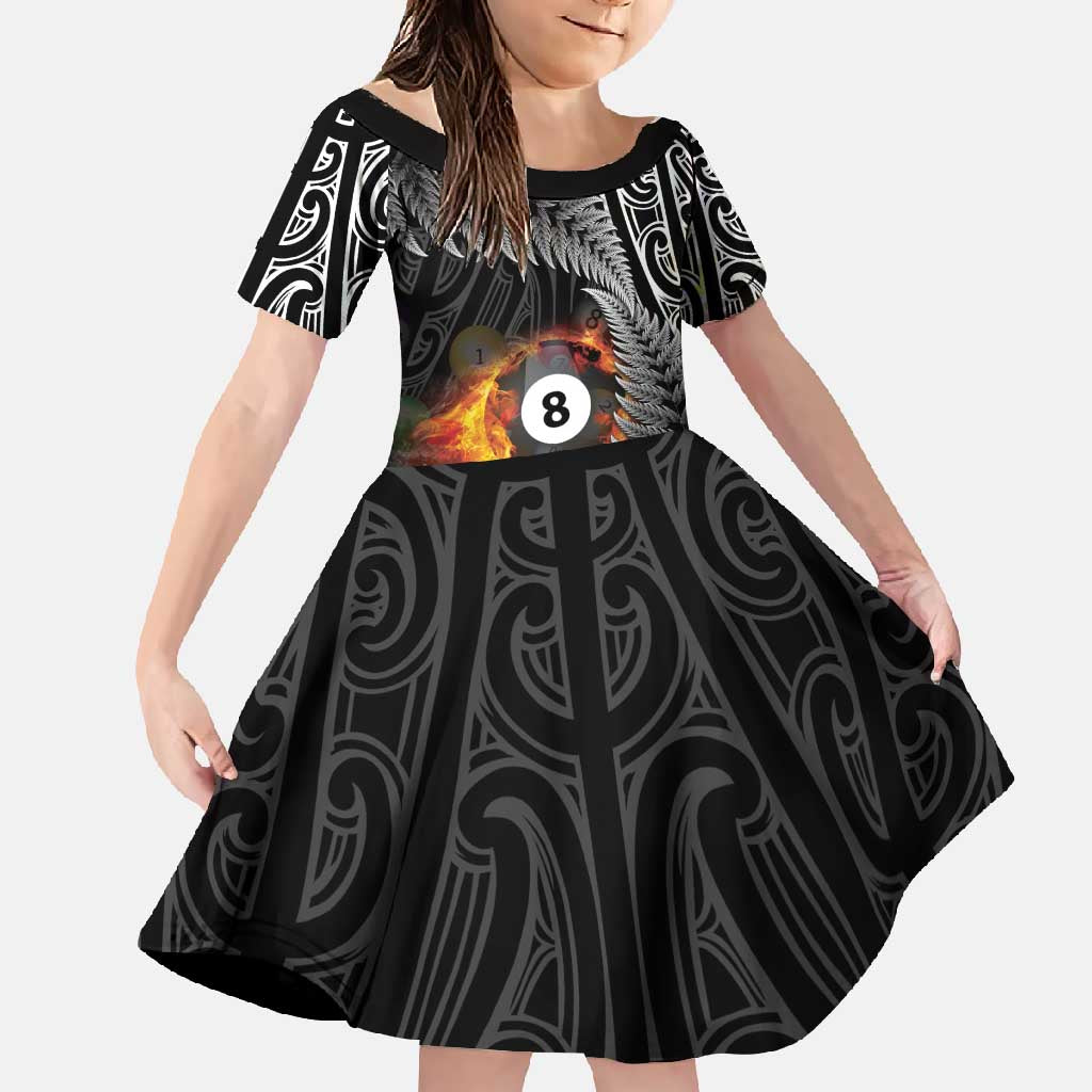 Personalised New Zealand Billiards Family Matching Off Shoulder Maxi Dress and Hawaiian Shirt Maori Fern On Fire 8 Ball - Aussie Hoodie