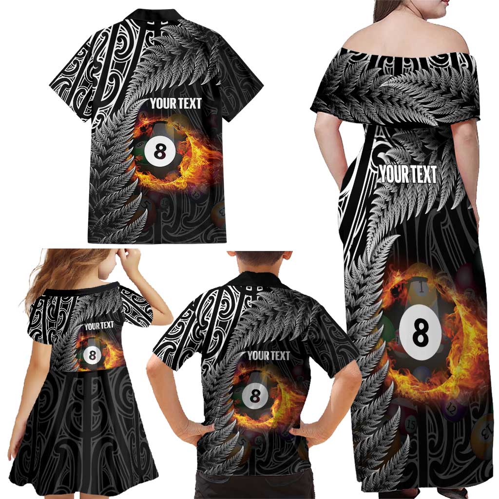 Personalised New Zealand Billiards Family Matching Off Shoulder Maxi Dress and Hawaiian Shirt Maori Fern On Fire 8 Ball - Aussie Hoodie