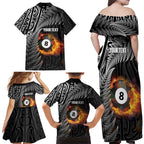 Personalised New Zealand Billiards Family Matching Off Shoulder Maxi Dress and Hawaiian Shirt Maori Fern On Fire 8 Ball - Aussie Hoodie