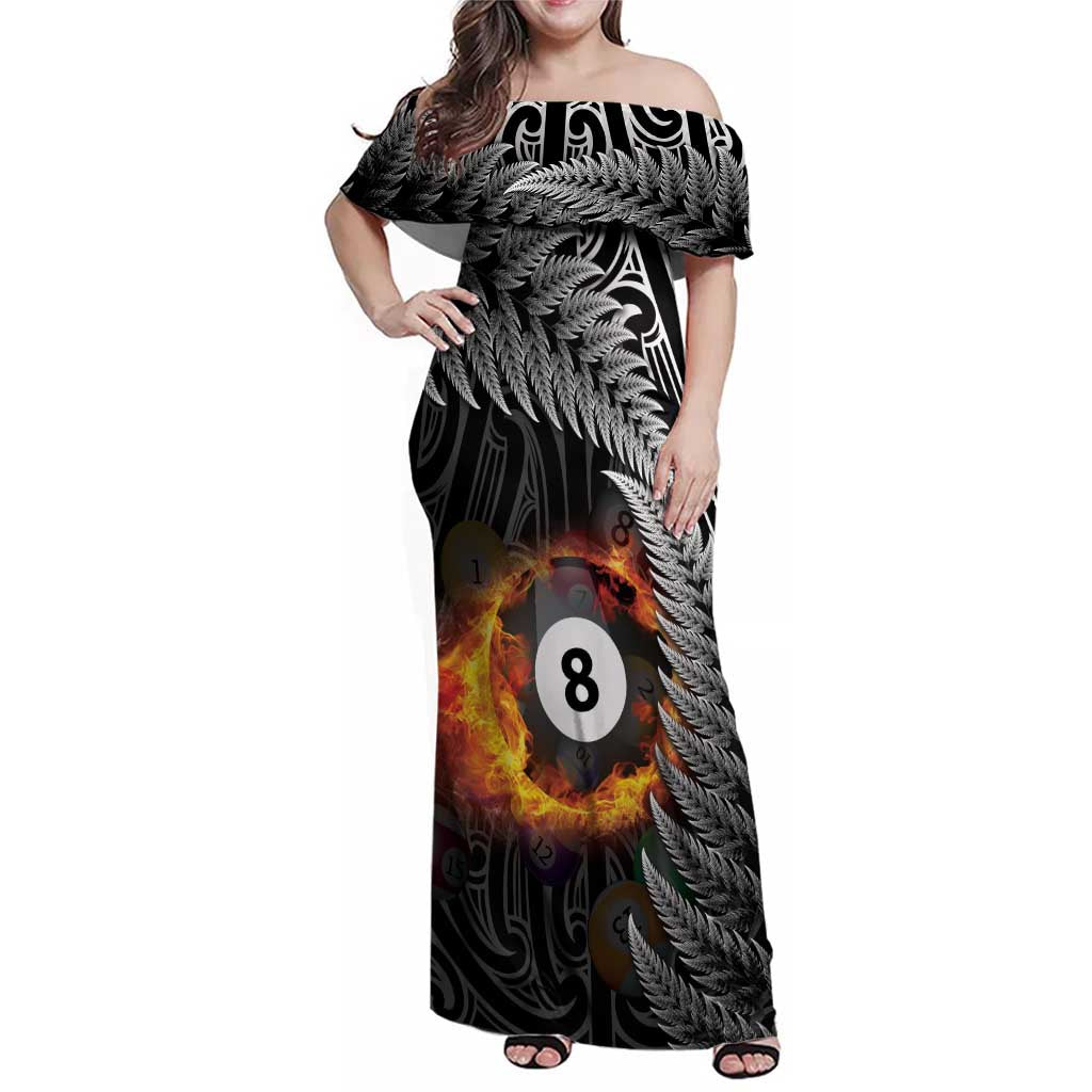 Personalised New Zealand Billiards Family Matching Off Shoulder Maxi Dress and Hawaiian Shirt Maori Fern On Fire 8 Ball - Aussie Hoodie