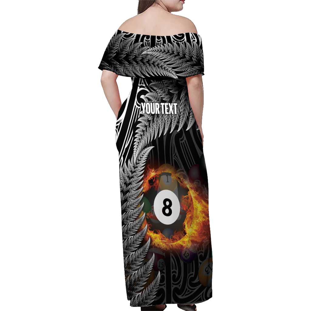 Personalised New Zealand Billiards Family Matching Off Shoulder Maxi Dress and Hawaiian Shirt Maori Fern On Fire 8 Ball - Aussie Hoodie