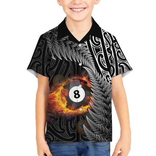 Personalised New Zealand Billiards Family Matching Off Shoulder Maxi Dress and Hawaiian Shirt Maori Fern On Fire 8 Ball - Aussie Hoodie